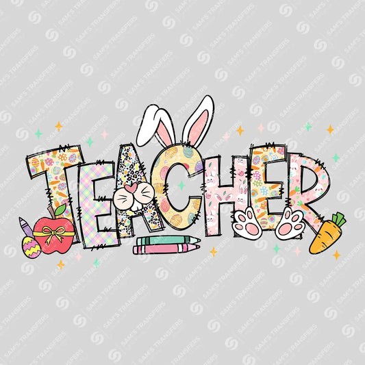 Apparel featuring a Easter Teacher-themed DTF transfer.