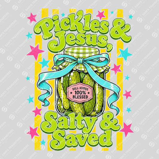Apparel featuring a Pickles and Jesus Salty and Saved-themed DTF transfer.