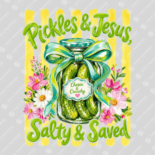 Apparel featuring a Pickles and Jesus Salty and Saved-themed DTF transfer.