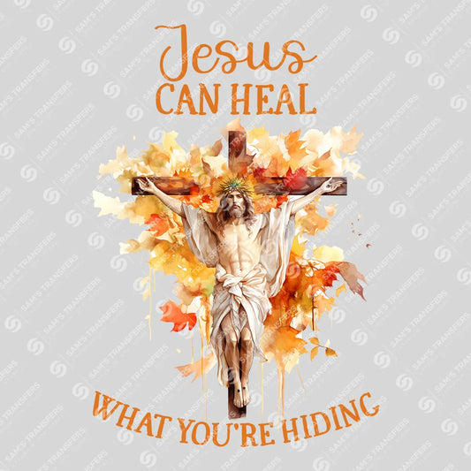 Apparel featuring a Jesus Can Heal What You're Hiding-themed DTF transfer.