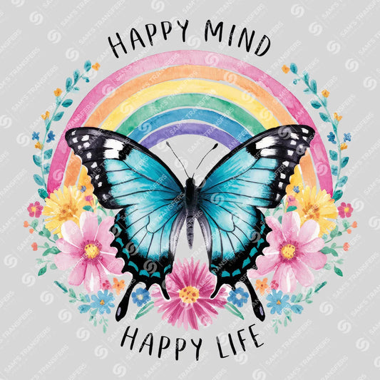 Apparel featuring a Happy Mind Happy Life-themed DTF transfer.