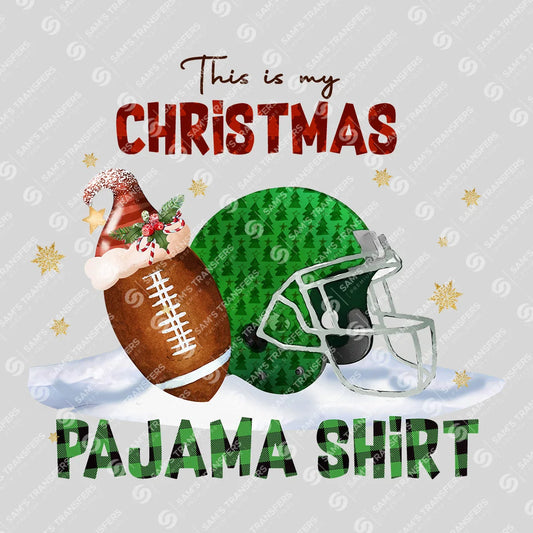 Apparel featuring a Football Christmas Pajama Shirt-themed DTF transfer.