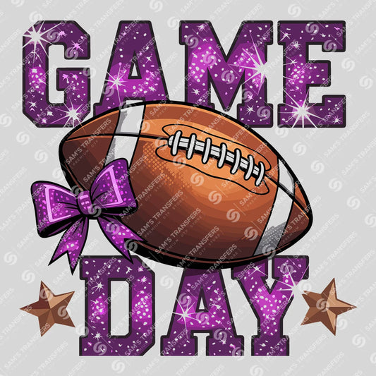 Apparel featuring a Game Day Purple Glitter-themed DTF transfer.