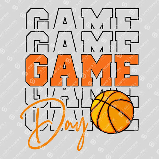 Apparel featuring a Game Day Basketball Stacked-themed DTF transfer.