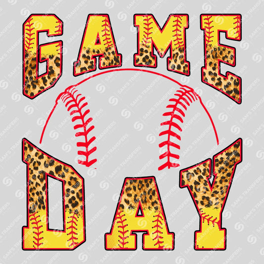 Apparel featuring a Game Day Leopard Softball-themed DTF transfer.