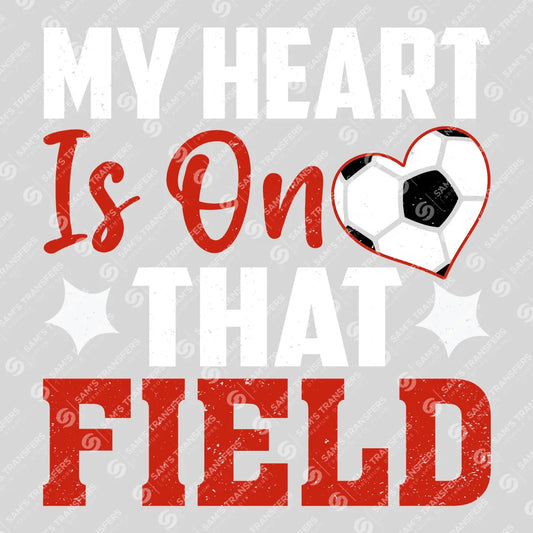 Apparel featuring a My Heart Is On That Field Red-themed DTF transfer.