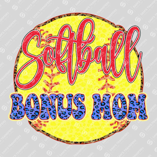Apparel featuring a Softball Bonus Mom Leopard-themed DTF transfer.