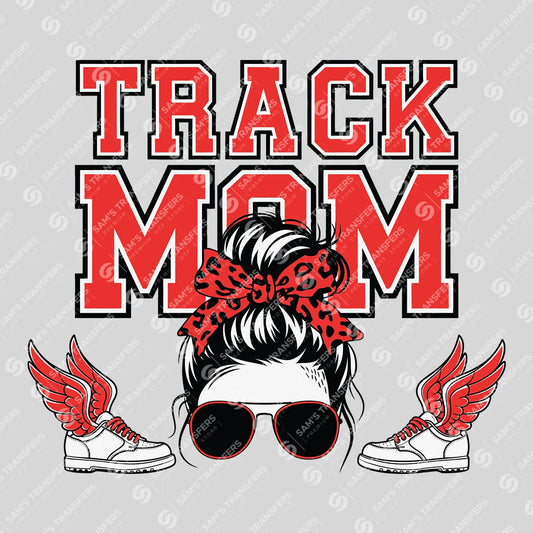 Apparel featuring a Track Mom-themed DTF transfer.