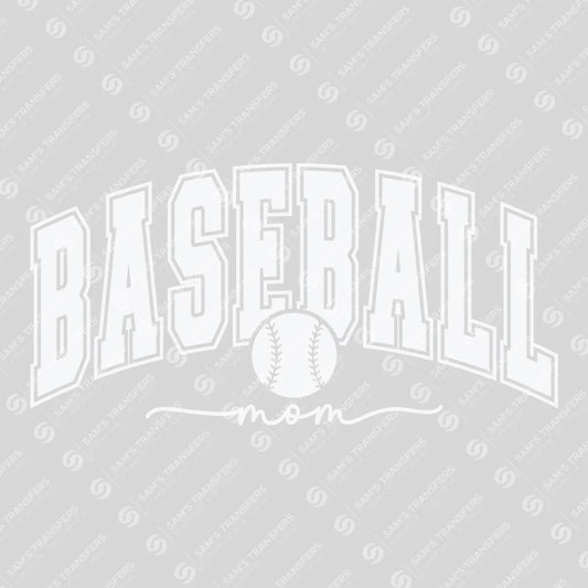 Apparel featuring a Baseball Mom Varsity White-themed DTF transfer.