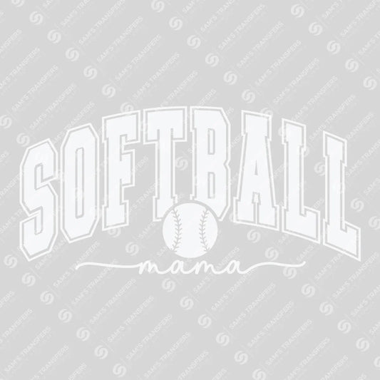 Apparel featuring a Softball Mama Varsity White-themed DTF transfer.