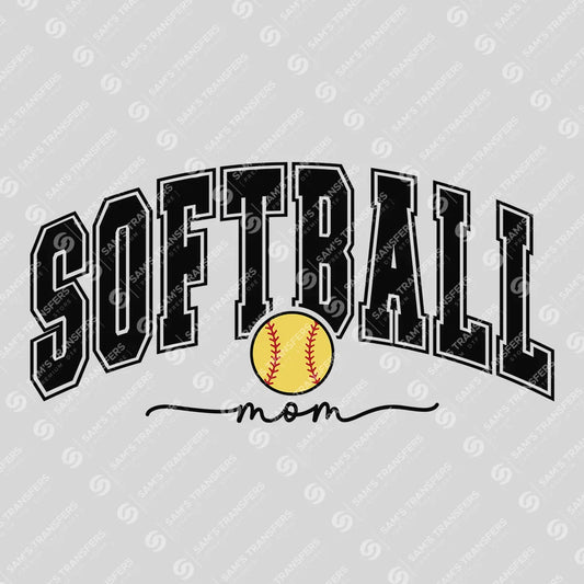 Apparel featuring a Softball Mom Varsity Black-themed DTF transfer.