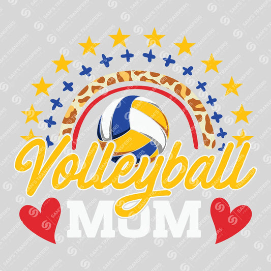 Apparel featuring a Volleyball Mom Rainbow-themed DTF transfer.