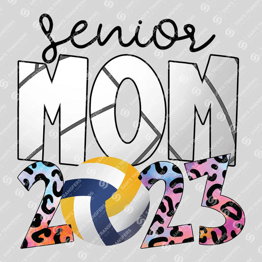 Apparel featuring a Senior Volleyball Mom 2023-themed DTF transfer.