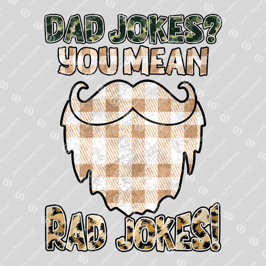 Apparel featuring a Dad Jokes Rad Jokes-themed DTF transfer.