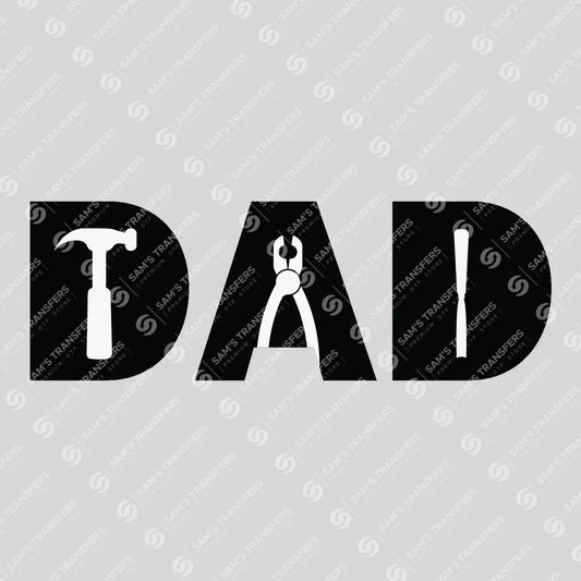 Apparel featuring a Dad Tools Trio-themed DTF transfer.