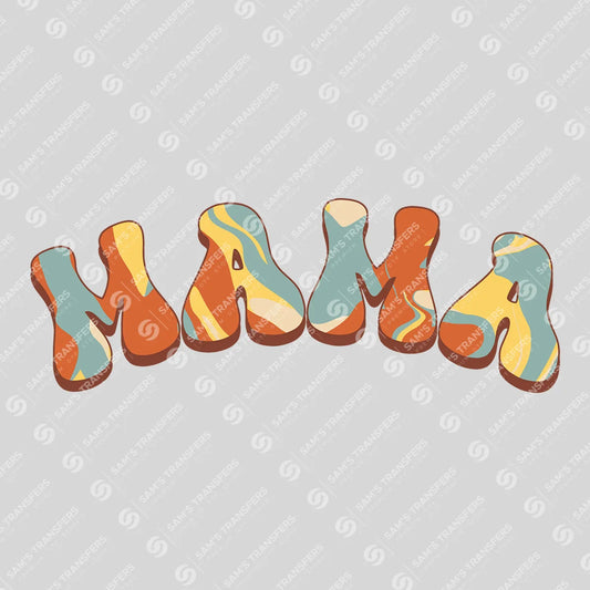 Apparel featuring a Mama Retro Groovy-themed DTF transfer.