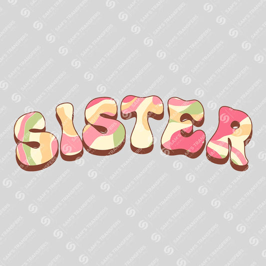 Apparel featuring a Sister Retro Pastel-themed DTF transfer.