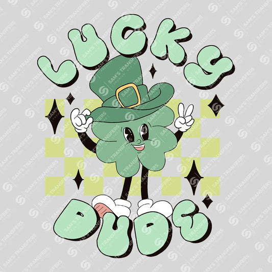 Apparel featuring a Lucky Dude-themed DTF transfer.