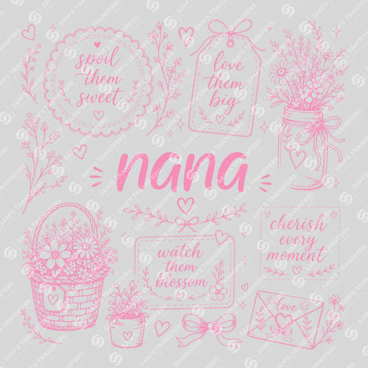 Apparel featuring a Nana Wildflower-themed DTF transfer.