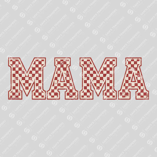 Apparel featuring a Mama Checkered Varsity-themed DTF transfer.