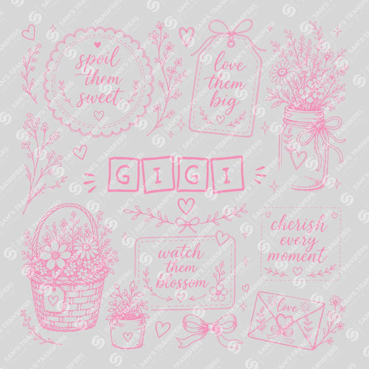 Apparel featuring a Gigi Wildflower Blocks-themed DTF transfer.