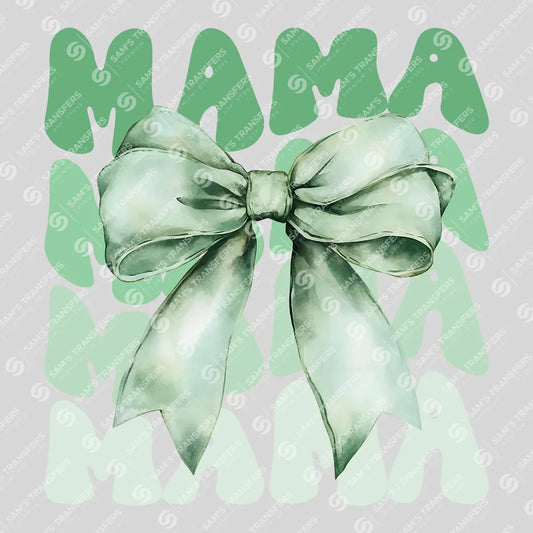 Apparel featuring a Mint Bow Mama-themed DTF transfer.