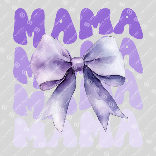 Apparel featuring a Purple Bow Mama-themed DTF transfer.