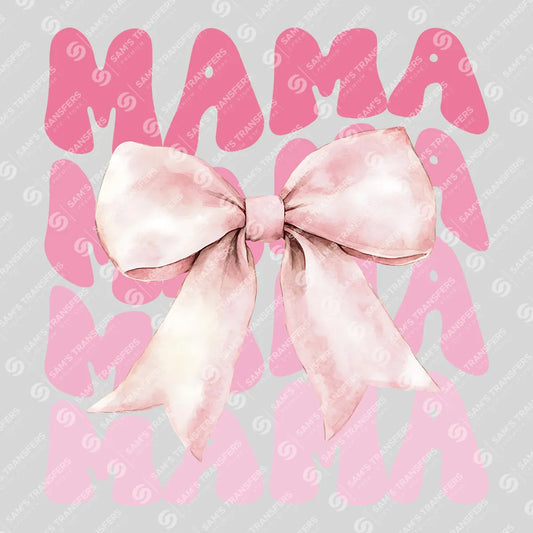 Apparel featuring a Pink Stacked Bow Mama-themed DTF transfer.