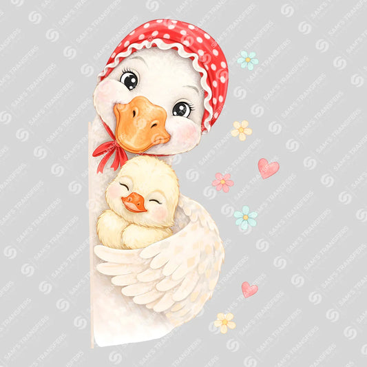 Apparel featuring a Mama Goose Cuddle-themed DTF transfer.