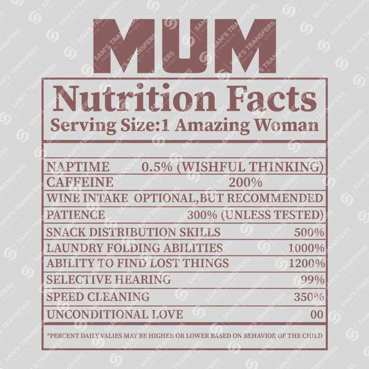 Apparel featuring a Mum Nutrition Facts-themed DTF transfer.