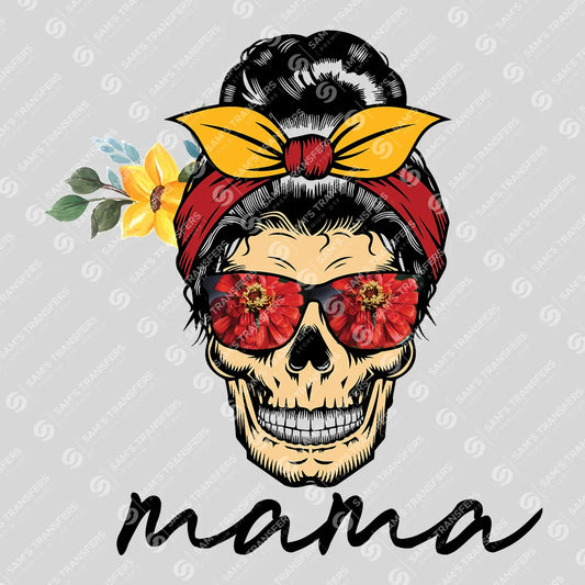 Apparel featuring a Floral Skull Mama-themed DTF transfer.