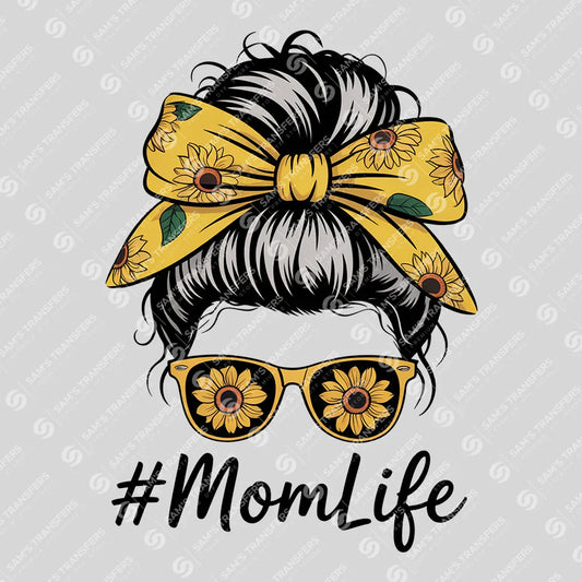 Apparel featuring a Mom Life Sunflower Bun-themed DTF transfer.
