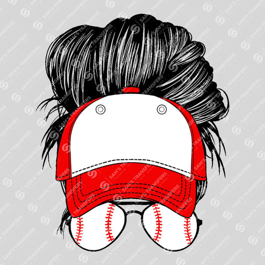 Apparel featuring a Baseball Cap Messy Bun-themed DTF transfer.