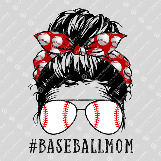 Apparel featuring a Baseball Mom Messy Bun-themed DTF transfer.