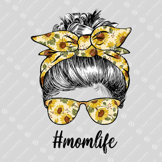 Apparel featuring a Momlife Sunflower Glasses-themed DTF transfer.