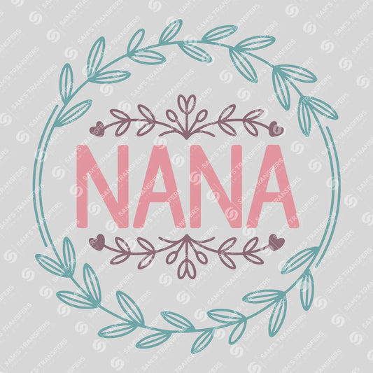 Apparel featuring a Nana Floral Wreath-themed DTF transfer.