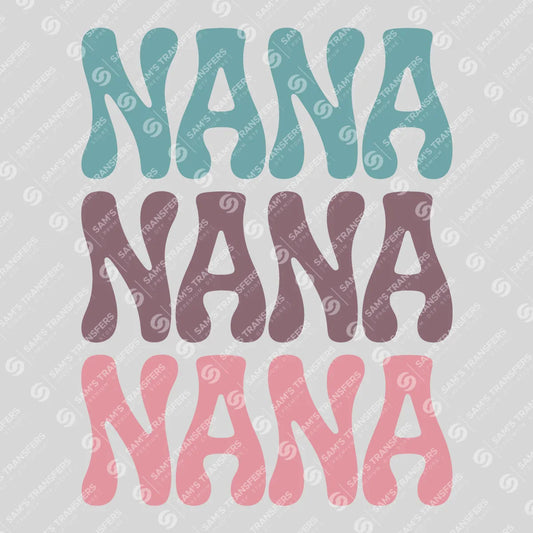 Apparel featuring a Retro Nana Stacked-themed DTF transfer.