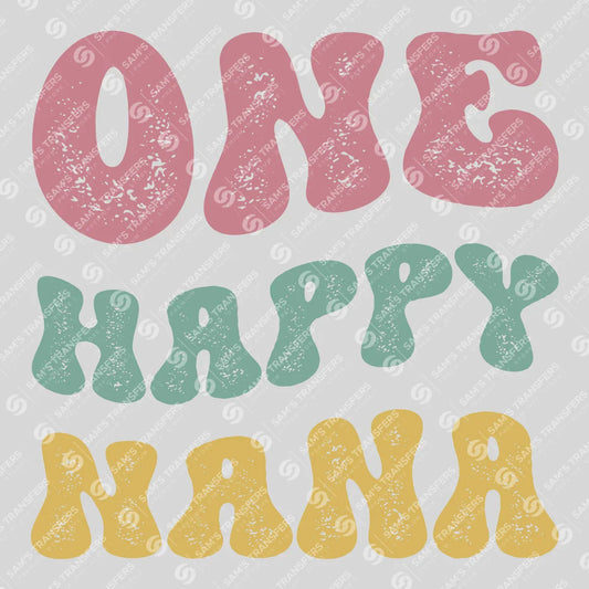 Apparel featuring a One Happy Nana-themed DTF transfer.
