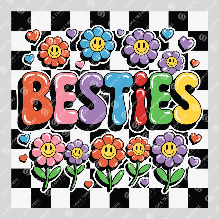 Besties Checkered Flowers Ready-to-Press DTF Transfer | SAT07612