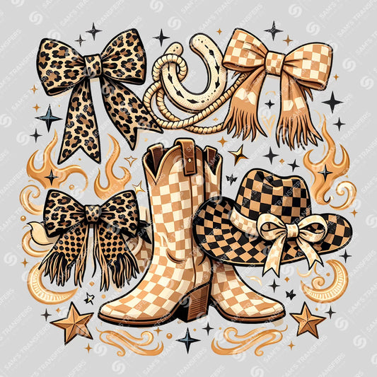 Apparel featuring a Cowgirl Boots and Bows Collage-themed DTF transfer.