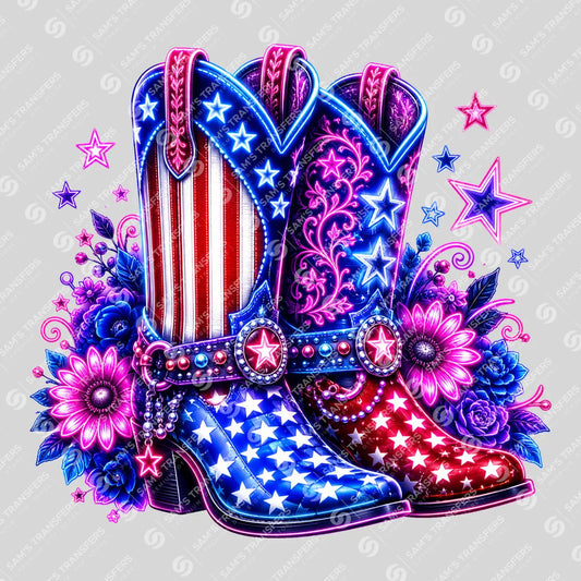 Apparel featuring a American Flag Cowgirl Boots Neon-themed DTF transfer.