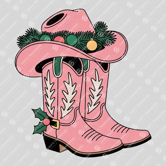 Apparel featuring a Pink Cowgirl Boots Christmas Holly-themed DTF transfer.