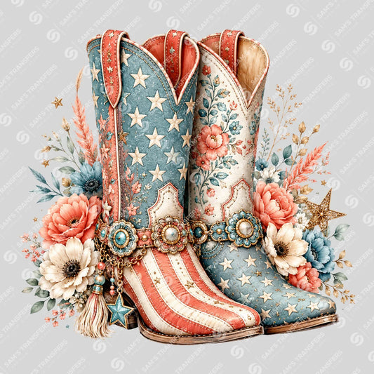 Apparel featuring a Patriotic Floral Cowgirl Boots Teal-themed DTF transfer.