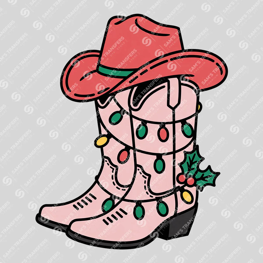 Pink Cowgirl Boots Christmas Lights Ready-to-Press DTF Transfer | SAT07837
