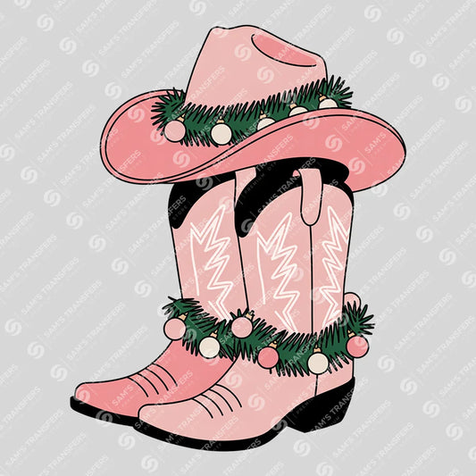 Apparel featuring a Pink Cowgirl Boots Pine Garland-themed DTF transfer.