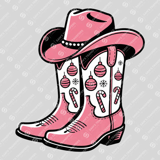 Apparel featuring a Pink Cowgirl Boots Ornaments Candy Cane-themed DTF transfer.