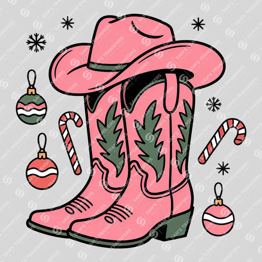 Apparel featuring a Pink Christmas Cowgirl Boots Ornaments-themed DTF transfer.