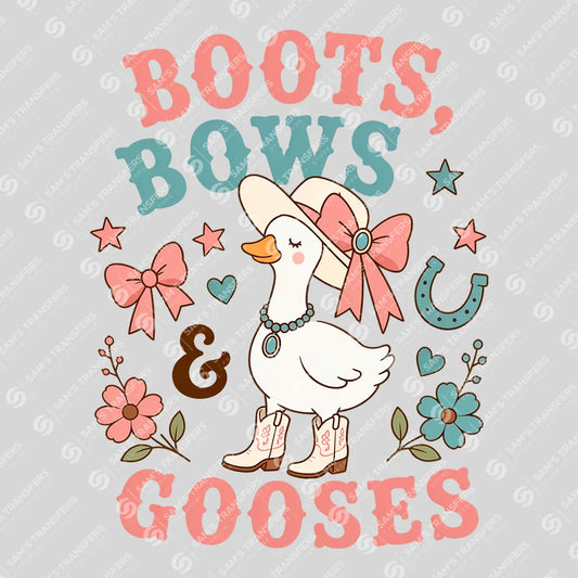 Apparel featuring a Boots Bows and Gooses-themed DTF transfer.