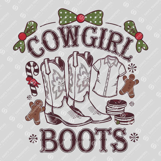 Apparel featuring a Cowgirl Boots Christmas-themed DTF transfer.