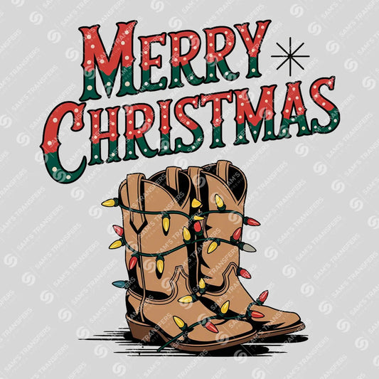 Apparel featuring a Merry Christmas Cowboy Boots-themed DTF transfer.
